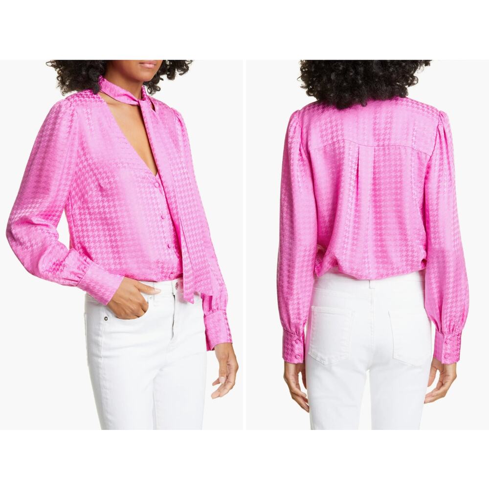Veronica Beard Nicky Silk Pussybow Houndstooth Blouse Pink Size 6
